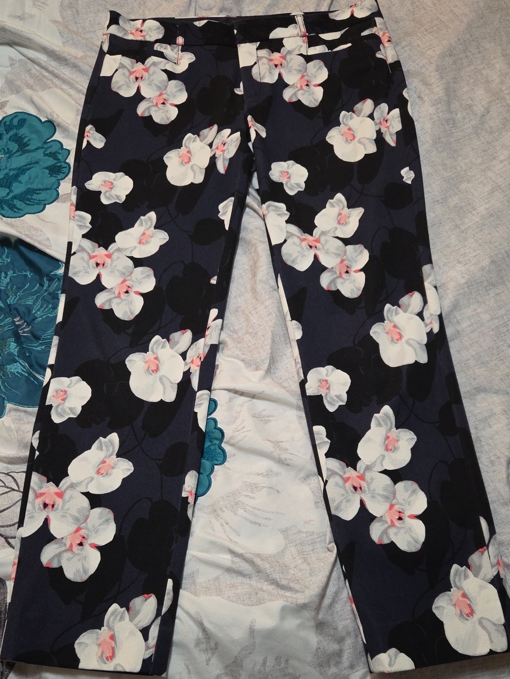 Navy Floral Pants - White & Pink Orchid Print